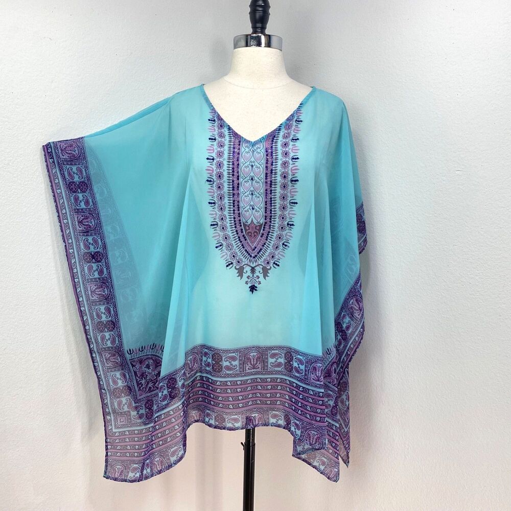 Chico's Sheer Blue Chiffon Cover-Up One Size Purple Trim Sequin Open Sides Beach